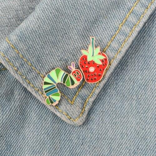Strawberry Caterpillar Enamel Pin Cartoon Plant Animal Badge Brooch Lapel Pin Jeans Shirt Bag Funny Cute Jewelry Gift Wholesale