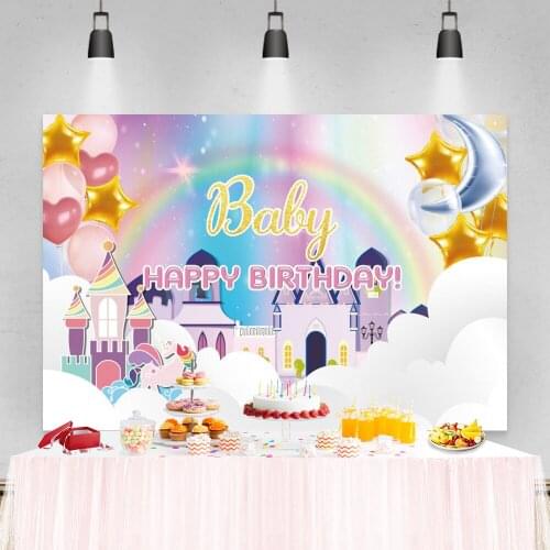 Laeacco Cartoon Balloon Star Dreamy Castle Unicorn Newborn Baby Birthday Background Photographic Backdrop For Photo Studio Props