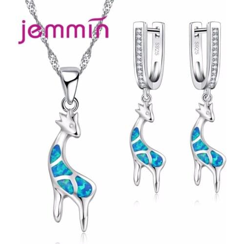 Lovely Cute Giraffe Pendant Necklace Earring Set Gift For Women Fine Blue Fire Opal Sterling Silver Bridal Jewelry Sets