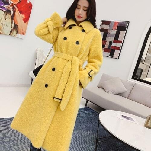 Lamb Wool Coat Mid-length Multicolor Lapel Real Fur Coat Ladies Winter Coat Wool 2021 Oversized Coat Lemon Yellow Peach RedY26