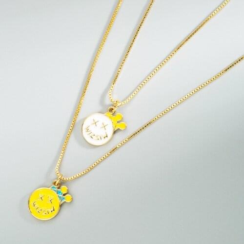 Origin Summer Cute Cartoon Smile Face Crown Pendant Necklace for Women Delicate Letter Circle Chain Metallic Necklace Jewelry