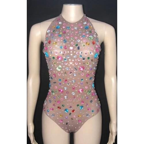 Multi-color Crystal Rhinestones Transparent Bodysuit Mesh Nightclub Sexy Stage Costume Dancer DJ Singer Show Performance Leotard
