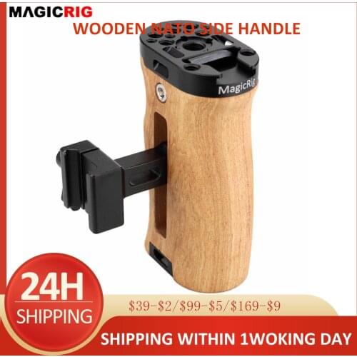 MAGICRIG Adjustable Wooden Handle Grip Universal Side NATO Handle with Cold Shoe Mount for A7RIII A7III BMPCC 4K /6K Camera Cage