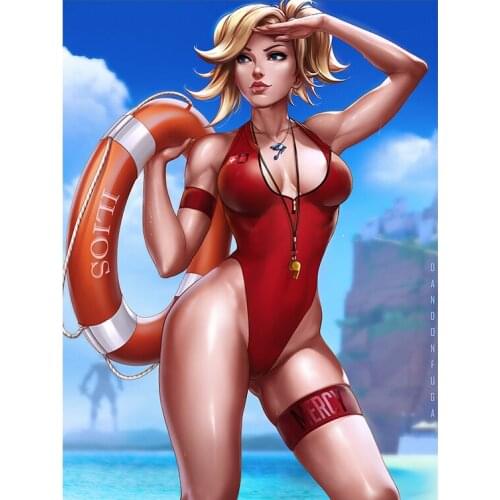 Sexy Swimming Girl Overwatch Mercy Canvas Paintings Custom Print Japanese Anime Video Game Posters Wall Art Pictures for Bedroom