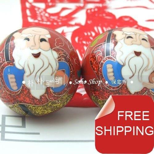 50mm baoding balls w/ fadeless cloisonne the god of longevity in multi colors.Chinese health balls.Red paper box.Free shipping