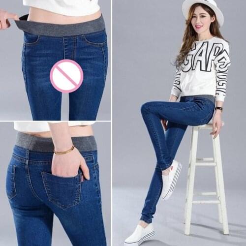 Outdoor Sex Jeans Pants Women High Waist Skinny Denim Trousers Female Sexy Leggings Open Croch Zippers Broek Clothing Plus Size