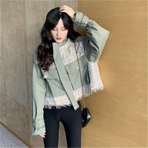 Autumn Winter Loose Fit Green Plaid Tweed Tassels Elegant Jacket New Lapel Long Sleeve Women Coat Fashion Tide