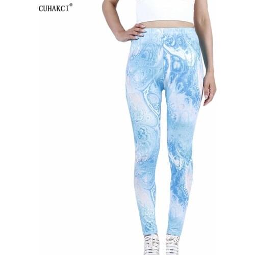 CUHAKCI New Women Casual Elastic Ink Floral Light Blue Push Up Stretch Leggings Long Trousers Stretchy Pants HOT Dropshipping