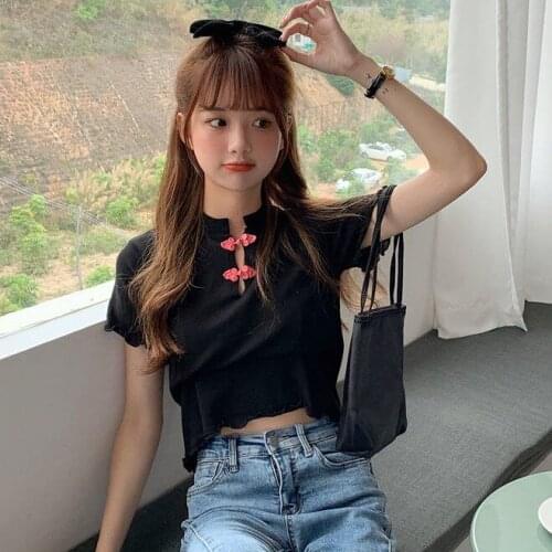Woman TShirts Womens Sweater Top with Small Cheongsam Buttons in Summer 2021. Crop Top Mujer Camisetas