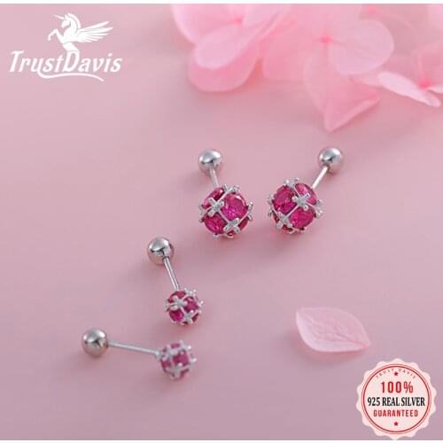 TrustDavis Real 925 Sterling Silver Ball Red CZ Screw Beads Stud Earrings For Women Children Baby Girls Minimalist Jewelry H080