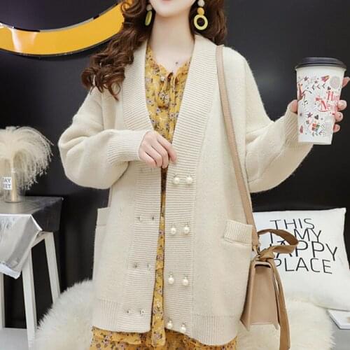 Cardigan Women Sweater Plus Size Pearl Double Breasted Loose 2021 Solid Ladies Knitted Coat Spring Autumn V Neck Knitwear Jacket