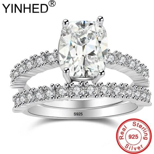 YINHED Luxury Bridal Engagement Jewelry Couple Rings Set Solid 925 Sterling Silver AAA Zircon Wedding Rings for Women ZR604