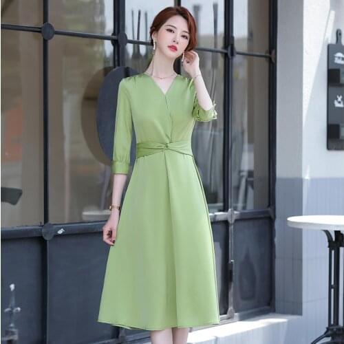 2021 Spring Summer Women Fashion Midi Dresses Formal V-neck Plus Size 4xl Pink Green Dress Robe Femme Vestidos Elegantes