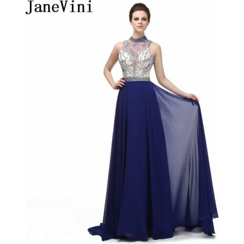 JaneVini 2018 Royal Blue Bridesmaid Dresses With Crystal Luxury Beaded Long Prom Dress Red Chiffon Party Formal Gown Damigelle