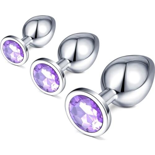 1PC Anal Metal Butt Plug Stainless Steel Bead Purple Crystal Jeweled at the Back S M L