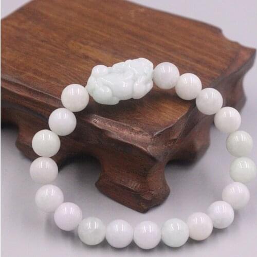 100% Natural Grade A Jade / Jadeite Bracelet 8mmW Round Beads with Pixiu Charm Link Bracelet Best Gift