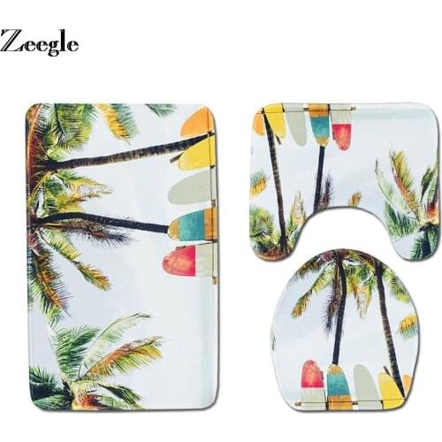 Zeegle 3pcs Bathroom Mat Set Beach Printed Bathroom Rug Anti Slip Bath Mats Flannel Toilet Mat Bathroom Carpet Set Floor Mats