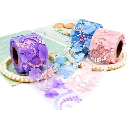 6cm 8cm 10cm 12cm 3D Flower Squine Embroidered Tulle Mesh Ribbon 10Yards Gauze Tape For DIY Handmade Crafts Hair Giftbox Wraping