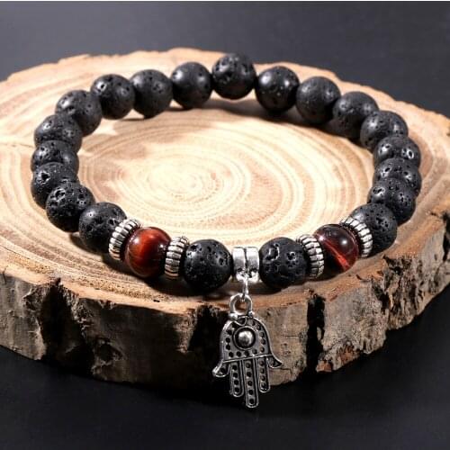 Men Women Fatima Hand Charm Bracelet 8MM Natural Lava Stone Tiger Eye Beaded Bracelets Yoga Chakra Bangle Male Hand Jewelry Gift