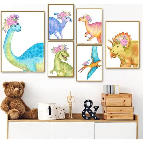Flower Leaf Watercolor Dinosaur Cartoon Nursery Wall Art Canvas Painting Nordic Posters And Prints Wall Pictures Kids Room Decor