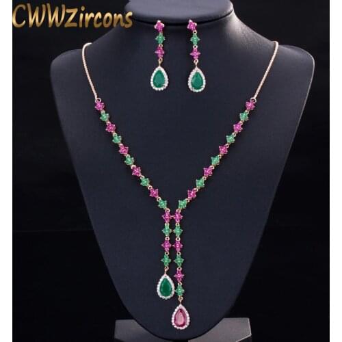 CWWZircons Beautiful Green and Red CZ Zirconia Stone Jewelry 4 Leaf Long Drop Party Necklace Earrings Sets for Women T225