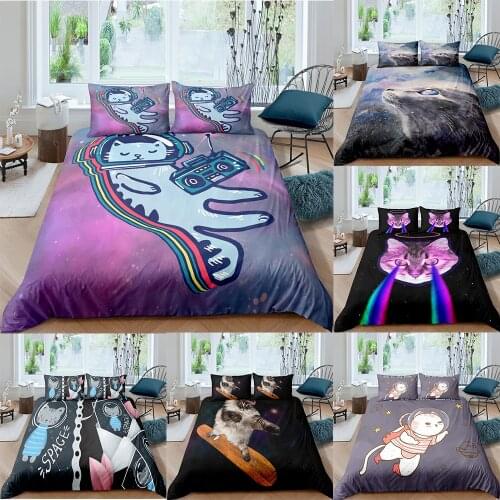 Space Cat Bedding Set 3D 2/3pcs Duvet Cover Cartoon Animals Bed Cover Sets Housse De Couette Bedclothes Queen King Single Size