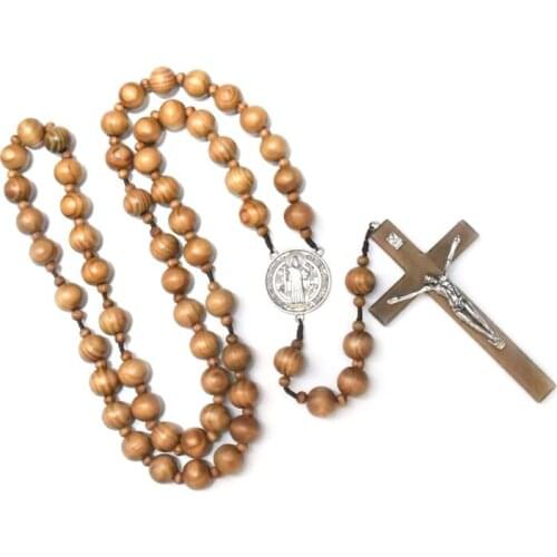 Fashion Handmade Round Wood Bead Catholic Wall Rosary Cross Religious Necklace Christian Jewelry Charm Gift