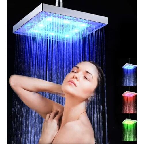 Led Rainfall Shower Head With LED Light Square Shower Head Auto RGB Color-changing Temperature Sensor Showerhead For Bathroom