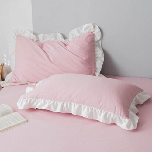 1pair 48x74cm cute pink girl Cotton Pillowcase Solid Color Lace Ruffle Pillow Cover Girl Princess Bedding Pillowslip Decoration