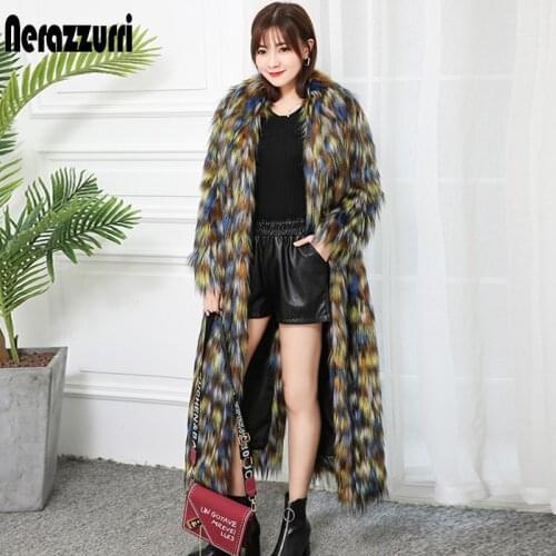 Nerazzurri designer multi color winter long faux fur coat women notched lapel long sleeve oversized plus size shaggy furry coat