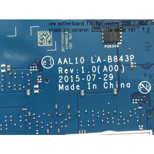 NEW ITEM AAL10 LA-B843P LAPTOP Motherboard for Dell Vostro 3458 3558 Notebook VGA PORT Processor Celeron 3205U