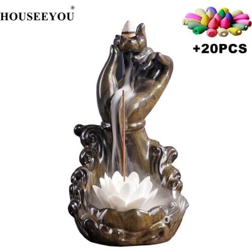 +20Pcs Incense Cones Stand Buddha Hand Lotus Monk Guanyin Blessing Lucky Feng Shui Decoration Waterfall Backflow Burner