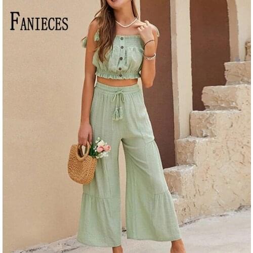 FANIECES Casual Two Pieces Set Strap Crop Tops And Wide Leg Pant Matching Set Loose Holiday Outfit Boho Streetwear 210124MW
