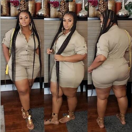 Plus Size Casual Jumpsuit For Women Solid Color Solid Button Short Jumpsuit With Pockets Summer Streetwear Romper Lady Vestidos