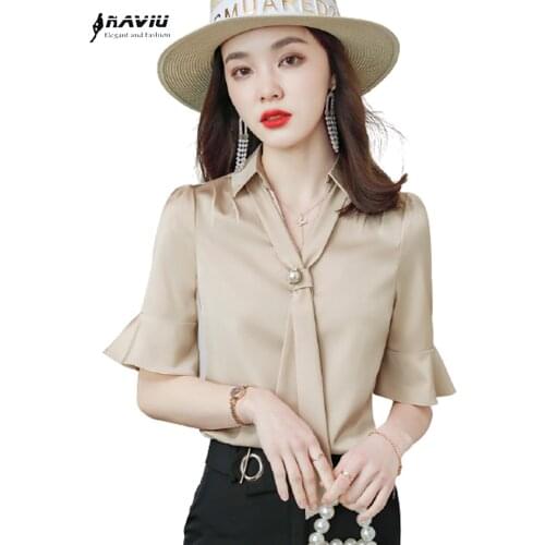 Apricot Shirt Women Summer New Tempermant Flare Sleeve V Neck Pullover Satin Slim Formal Blouses Office Ladies Work Tops