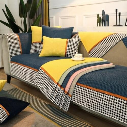 Plaid Thicken Plush Velvet Sofa Cover Sectional 1/2/3/4 Seater Couch Cover Slipcover Recliner Chair Cover for Living Room Soft