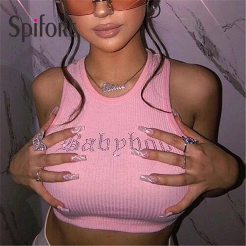 Spifore Letter Tank Tops Streetwear Summer Sleeveless Knit Bodycon Women Clothes White Black Round Neck Basic Sport Crop Top