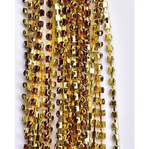 2 Meters High Quality Glass Rhinestone Cup Chain Coffee Color Gold Claw Chains Trim DIY Craft Sew on Clothes Shoes 6mm Stone