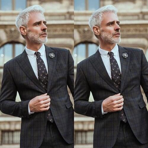 Vintage Plaid Men Tuxudos Peaked Lapel Single Breasted Pocket Retro Check Jacket England Style Part Prom Business 2 Pieces Wear