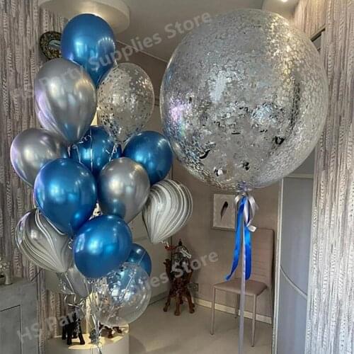 15pcs/set 36inch silver confetti bubble balloon Metal blue silver Balloon agate black balloon Wedding baby Birthday Party Decor
