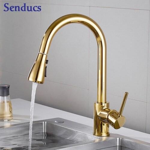Pull Out Kitchen Faucet Senducs Gold Pull Down Kitchen Sink Faucet 360 Roatation Brass Kitchen Mixer Tap Dual Function Sprayer