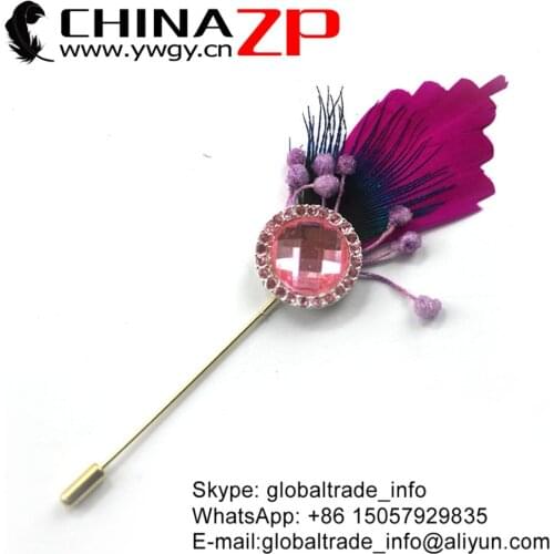 Yiwu ZP Co., Ltd Unique Trimmed Goose and Natural Peacock Feathers With Rhinestone Handmade Brooch Pin