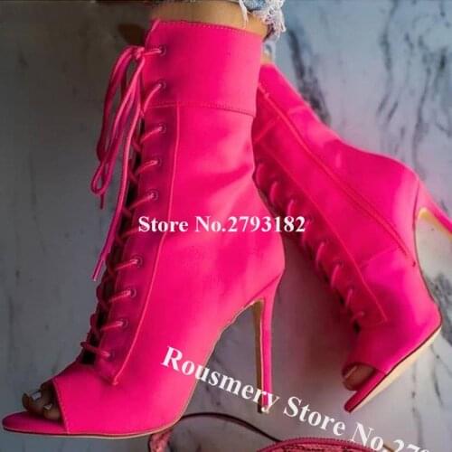Western Fashion Peep Toe Suede Leather Stiletto Heel Short Gladiator Boots Rose Red Lace-up High Heel Ankle Booties Dress Shoes