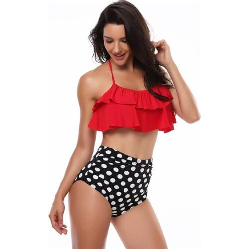 Women Swimwear High Waist Two Pieces Swimsuit Sexy Push Up Padded Bikinis Set Adjustable Halter Ruffled Swimming Bathing Suits