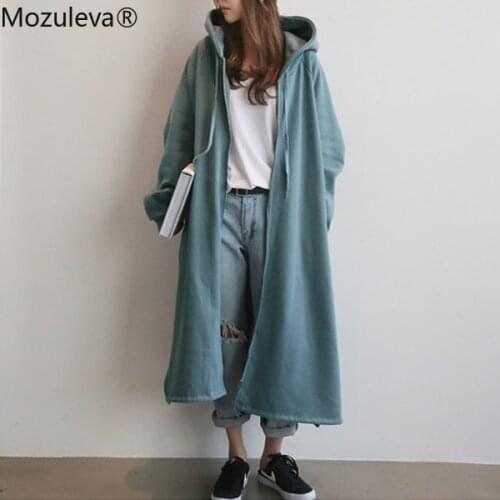 Mozuleva New 2021 Autumn Solid Color Warm Sweatshirts for Women Ladies Winter Oversize Thicken Pockets Pullover Long Hoodies