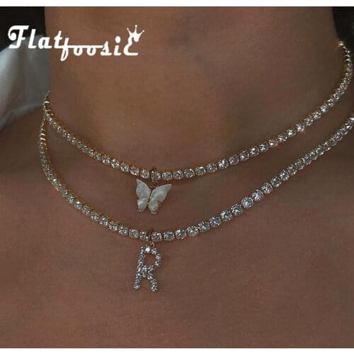 Flatfoosie New Fashion Crystal Letter Pendant Necklace for Women Bling Rhinestone Choker Necklace Exquisite Luxury Jewelry Gift