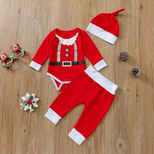 Christmas Newborn Baby Boy Girls Lounge Set Childrens Long Sleeve Romper Bodysuit Long Pants Hat 3pcs Kid Clothes Sets 3 6 9 12