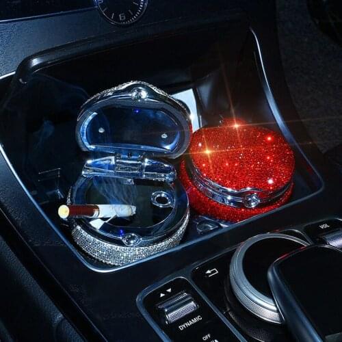 Car Cigarette Ashtray Auto Car Ashtray Portable with Lid Smell Proof Crystal Diamond Led Light Car Ashtray for Women
