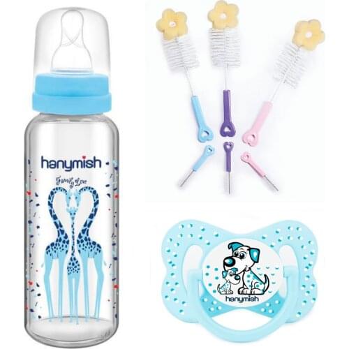 Hanymish Cam Biberon 240 ml, Biberon ve Emzik Temizleme Fırçası Ve Damaklı Emzikten Oluşan Yenidoğan Bebek İçin 3'lü Set