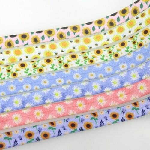 DHK 5/8'' 50yards Sunflower Chrysanthemum Printed Fold Elastic FOE Stretch Ribbon Hairbow Headwear Headband DIY OEM S1484